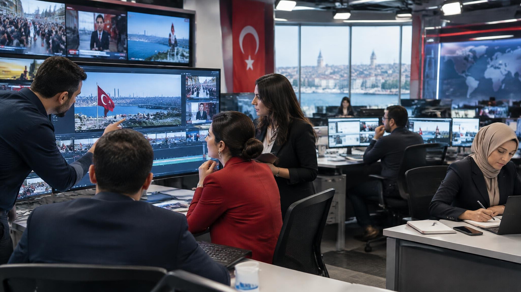 Journalists working together in a modern newsroom with monitors showing news footage
